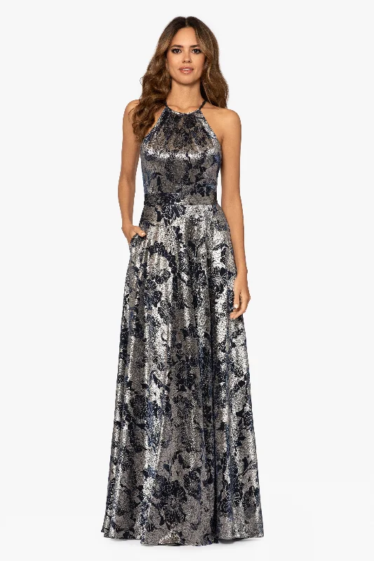 Bargain Bin "Layla" Long Halter Top Wrap Foil Print Dress