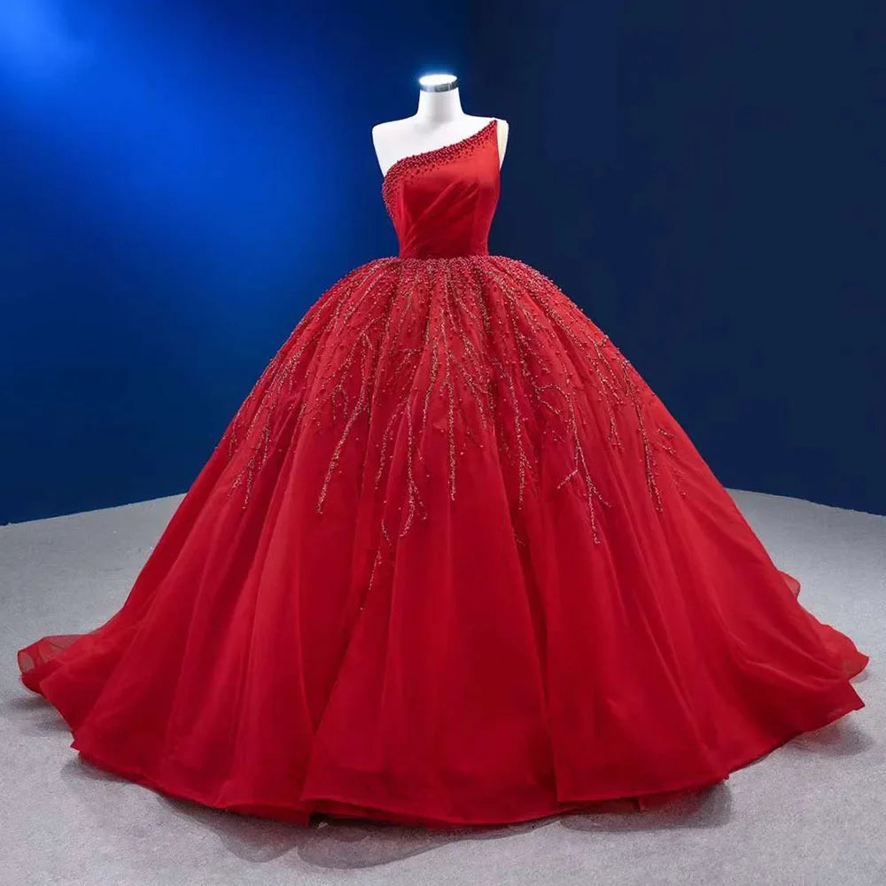 TIME-Limited Offer Serene Hill Red Elegant One Shoulder Lace Up Pearls Beaded Luxury Bride Gowns Wedding Dress 2024 High End Custom Made HM222191