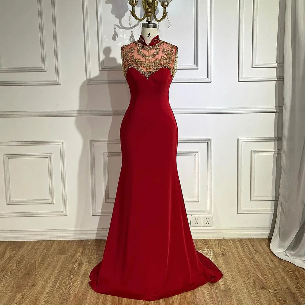 Price Reduction Serene Hill Arabic Wine Red Mermaid Elegant Satin Beaded Luxury Dubai Evening Dresses Gowns For Women Wedding Party 2024 LA72556
