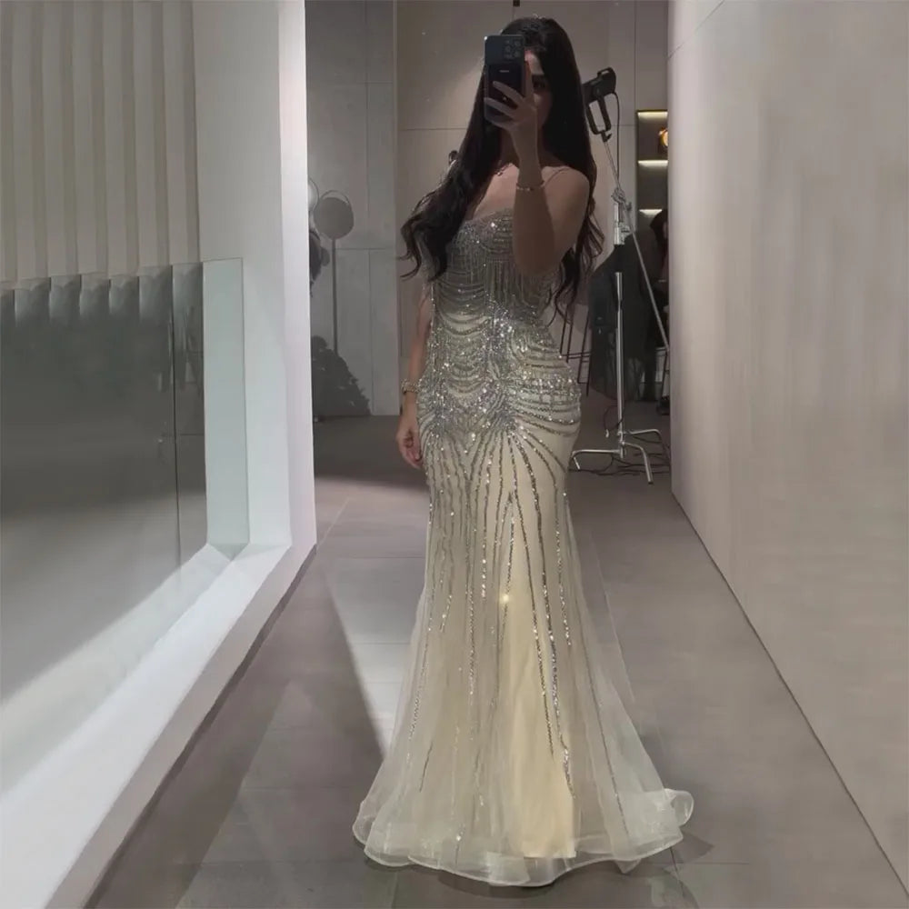 Exclusive Preview Serene Hill 2024 Silver Nude Spaghetti Strap Mermaid Evening Dress Gown with Luxury Beaded Tassels for Formal Occasion LA72772
