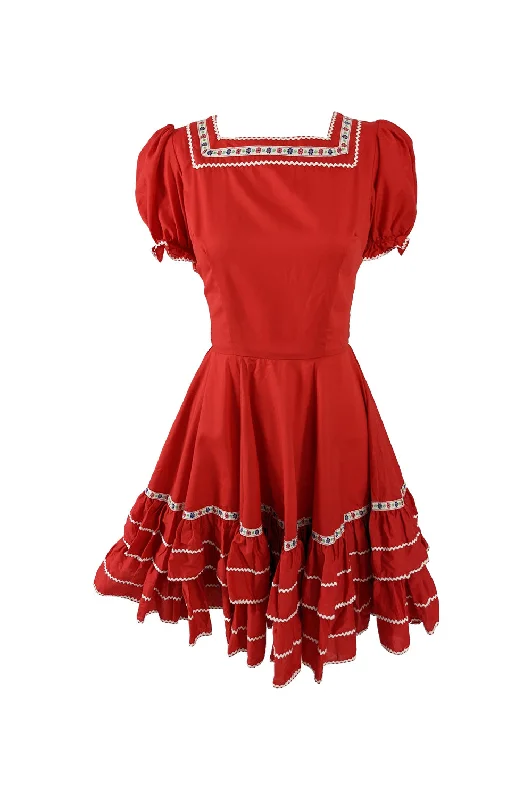 Shop and Save Vintage Red Full Skirt Puffed Sleeve 50s Style Patio Dress, 1970s