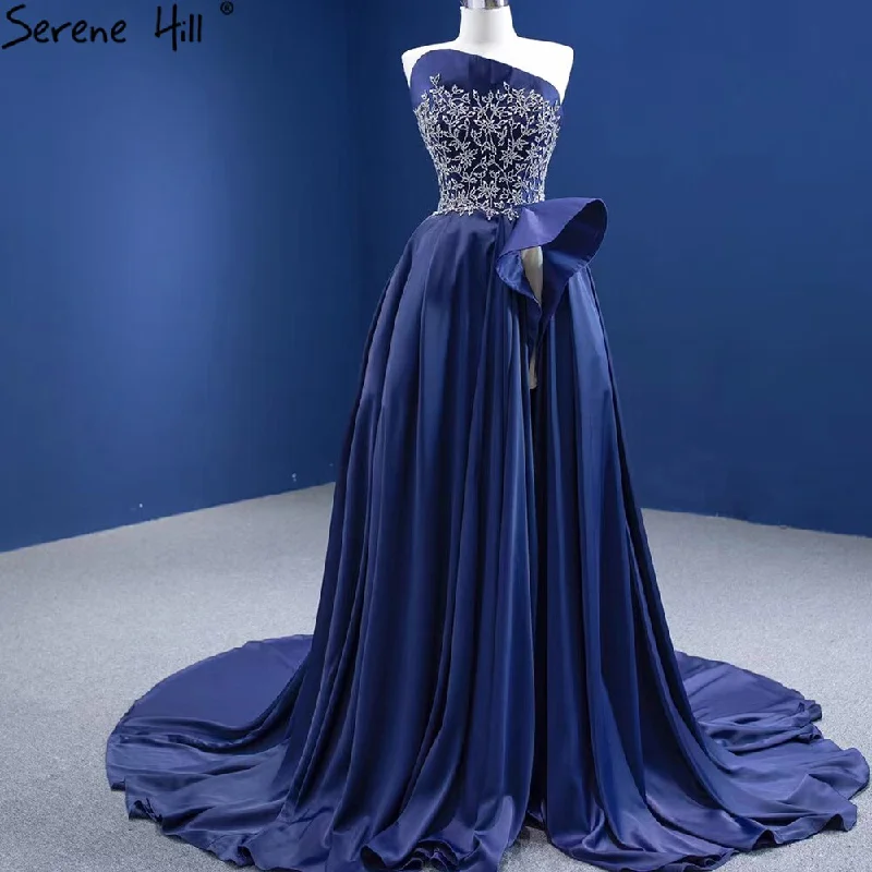 New Deals Serene Hill Navy Blue A-Line High Split vening Dresses Gowns 2024 Beaded Satin Sexy For Women Party HM67374