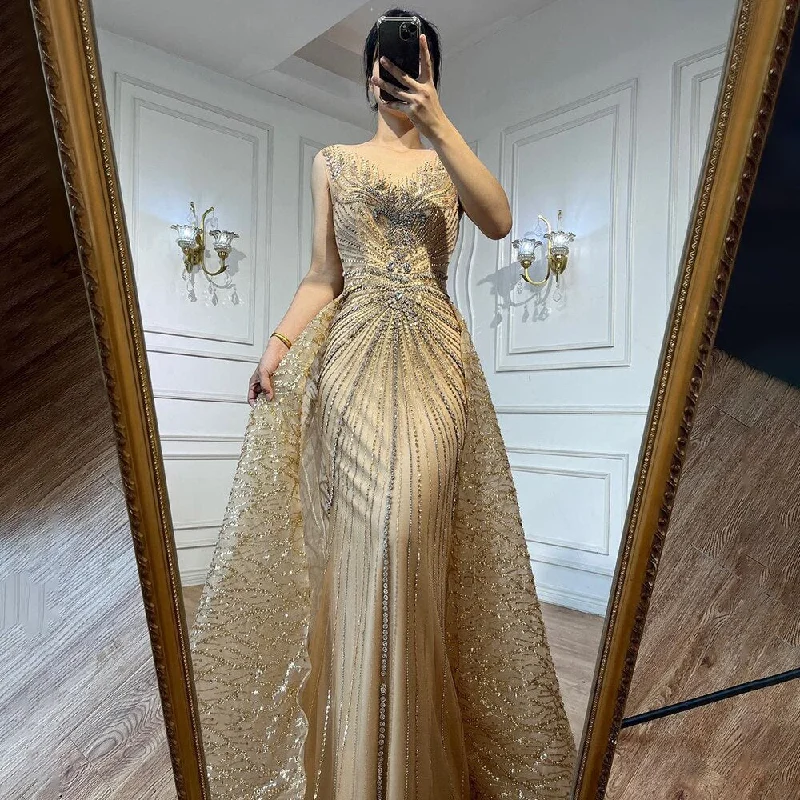 Weekend Deal Serene Hill Gold O-neck Long Sleeves Mermaid Beaded Overskirt Evening Dresses Formal Party Gowns For Women 2024 LA72087