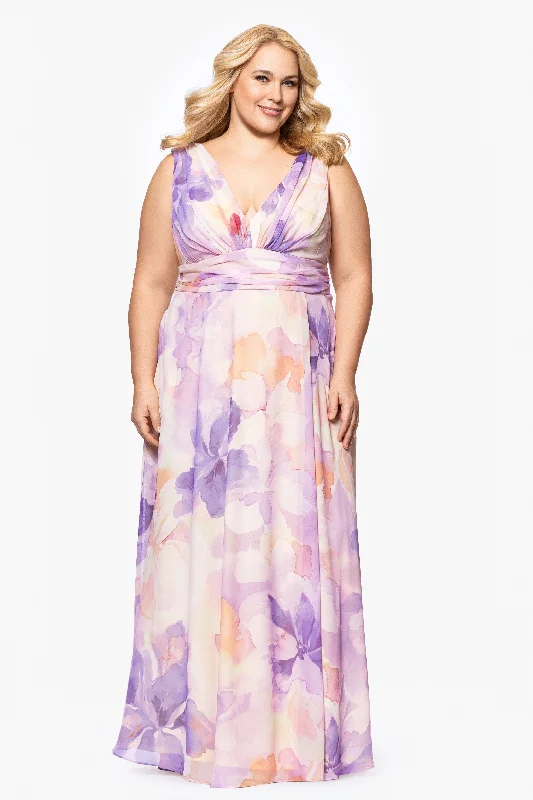 Inventory Reduction Plus "Kyla" Sleeveless V-Neck Floral Floor Length Chiffon Dress
