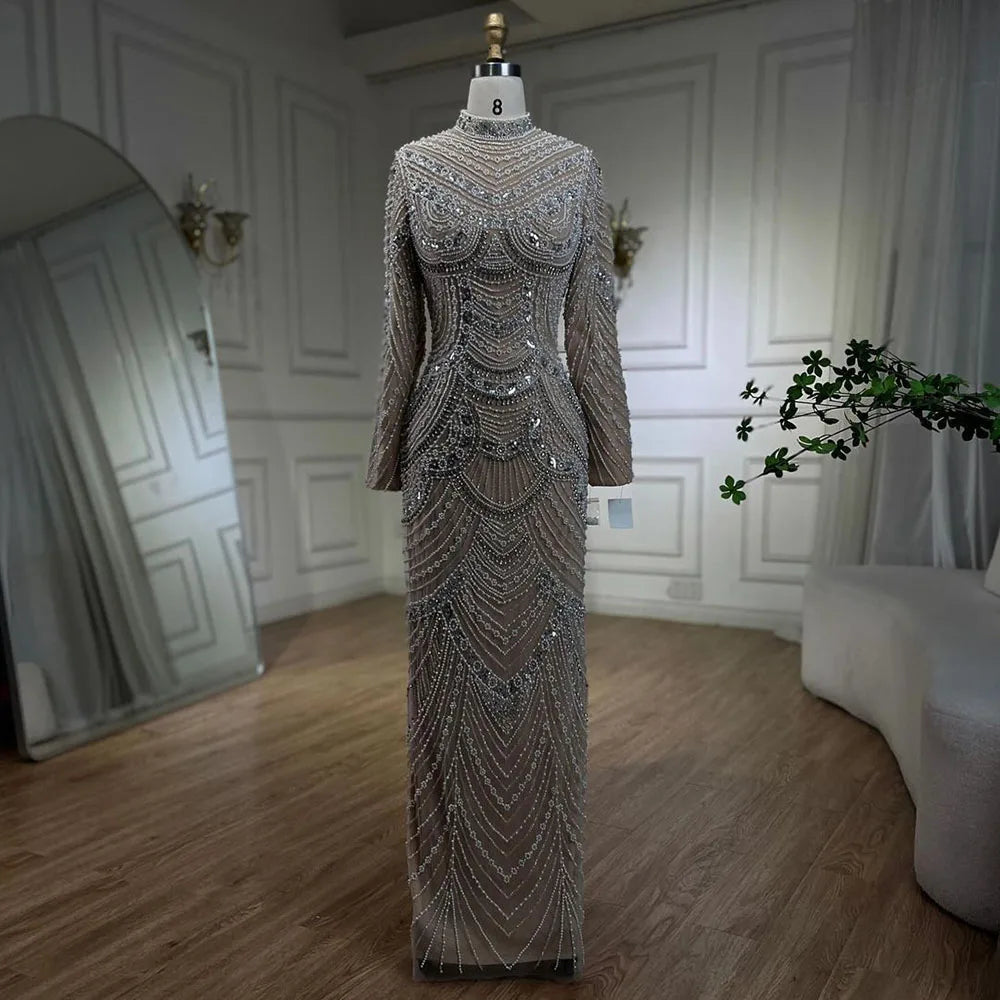Price Fest Serene Hill 2024 Muslim Nude Elegant Mermaid High Split Beaded Luxury Evening Dresses Gowns  For Women Wedding Party LA72091L