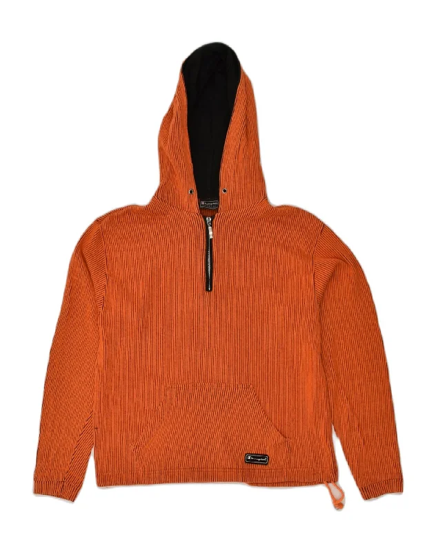 Limited Availability CHAMPION Womens Zip Neck Hoodie Jumper UK 16 Large Orange Striped Cotton