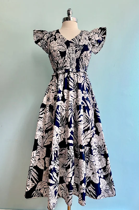Epic Deals Navy Floral Ruffle Sleeve Midi Dress