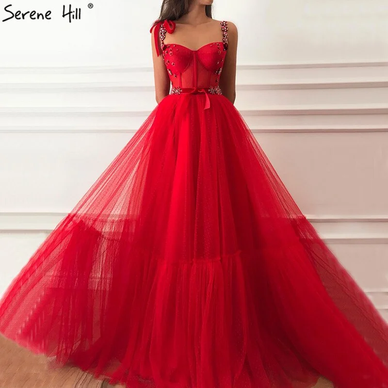 Special Offer Sale Dubai Red Sleeveless Crystal Bow  Evening Dresses 2024 A-Line Sexy Fashion Formal Dress Serene Hill LA60952