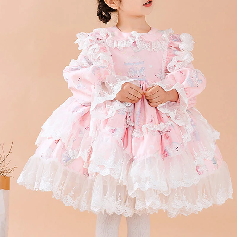 Great Deals Baby Girl Pink Long Sleeve Lolita Lace Dresses Girl Princess Party Dresses