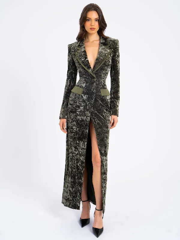 Clearance Items Willow Green Glossy Velvet High Slit Blazer Gown