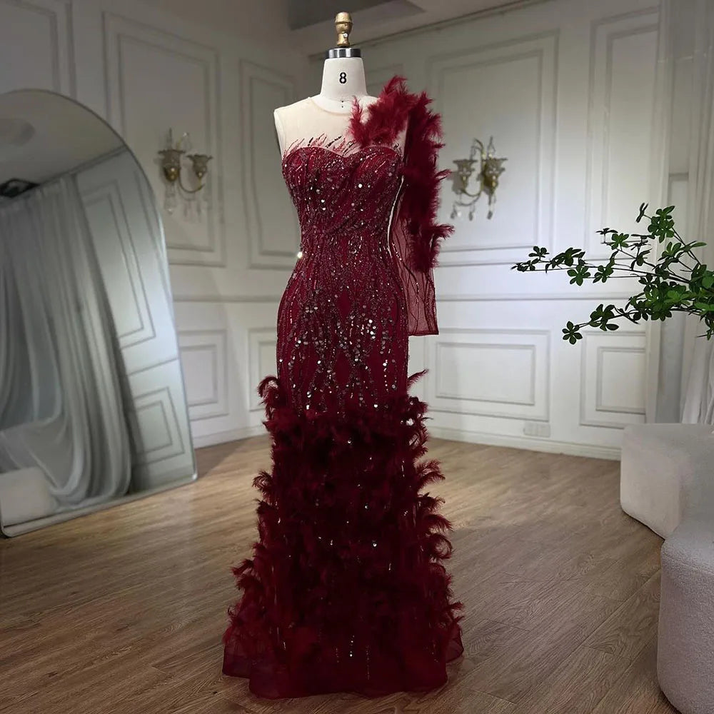 Unmissable Offer Serene Hill Arabic Wine Red Mermaid Luxury Evening Dresses Gowns Feathers Beading Elegant For Woman wedding Party 2024 LA71076