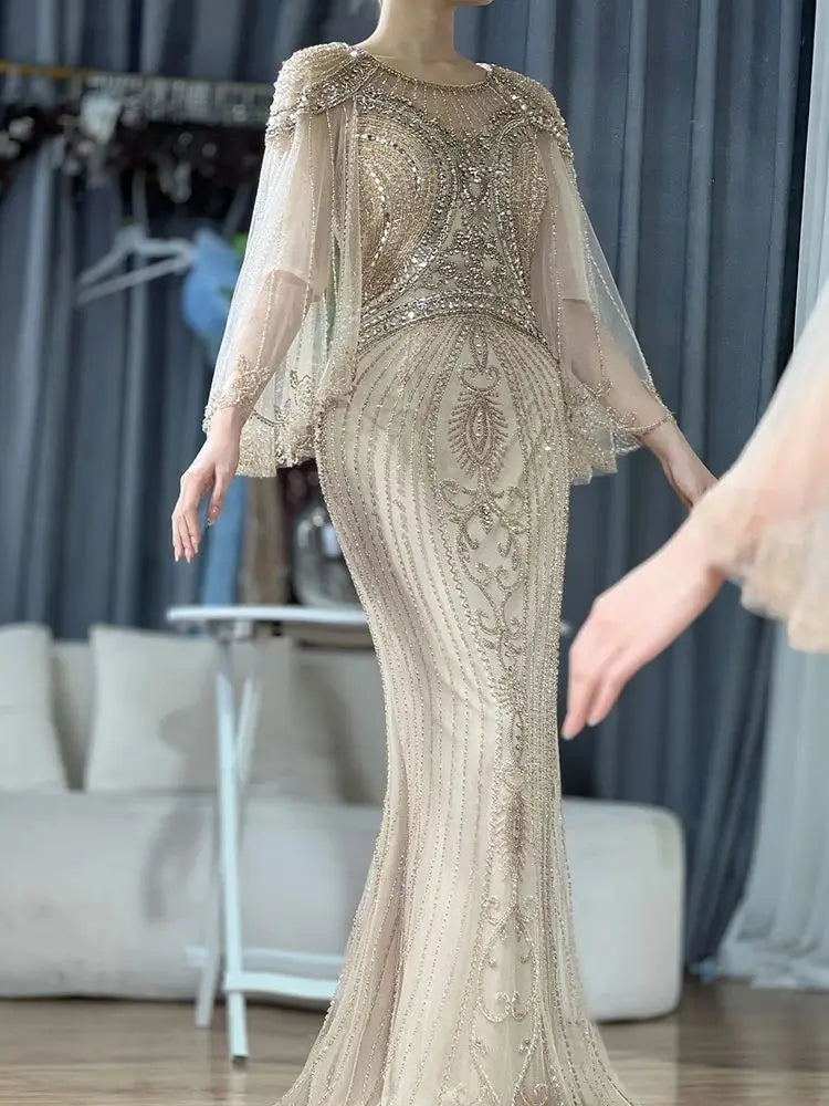 Special Price Serene Hill 2024 Arabic Gold Elegant Mermaid Beaded Long Evening Dresses Gowns for Formal Occasion LA72749