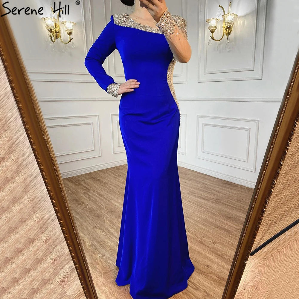 Quick Sale Serene Hill 2024 Arabic Blue Satin Mermaid White Evening Gowns Elegant Beaded for Women Wedding Party LA71152 Quick Sale Serene Hill 2024 Arabic Blue Satin Mermaid White Evening Gowns Elegant Beaded for Women Wedding Party LA71152