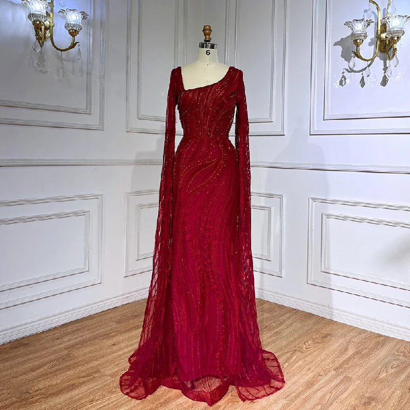 Special Savings Serene Hill Arabic Wine Red Mermaid Elegant Cape Sleeves Beaded Luxury Evening Dresses Gowns For Women Party 2024 LA71838