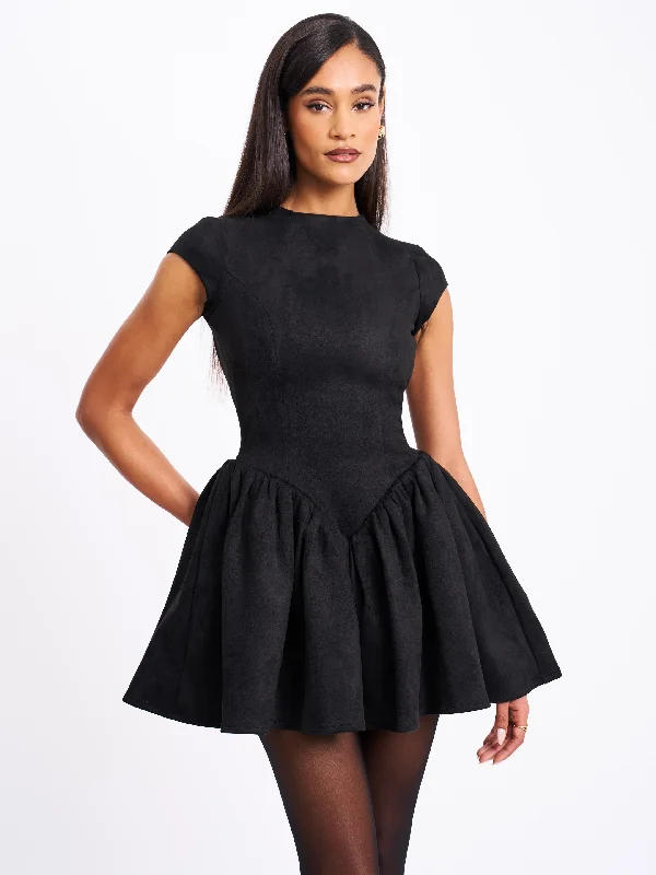 While Supplies Last Jacqueline Backless Black Mini Puffy Suede Dress