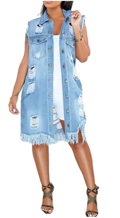 Super Sale Ripped Sleeveless Mid Long Denim Jacket