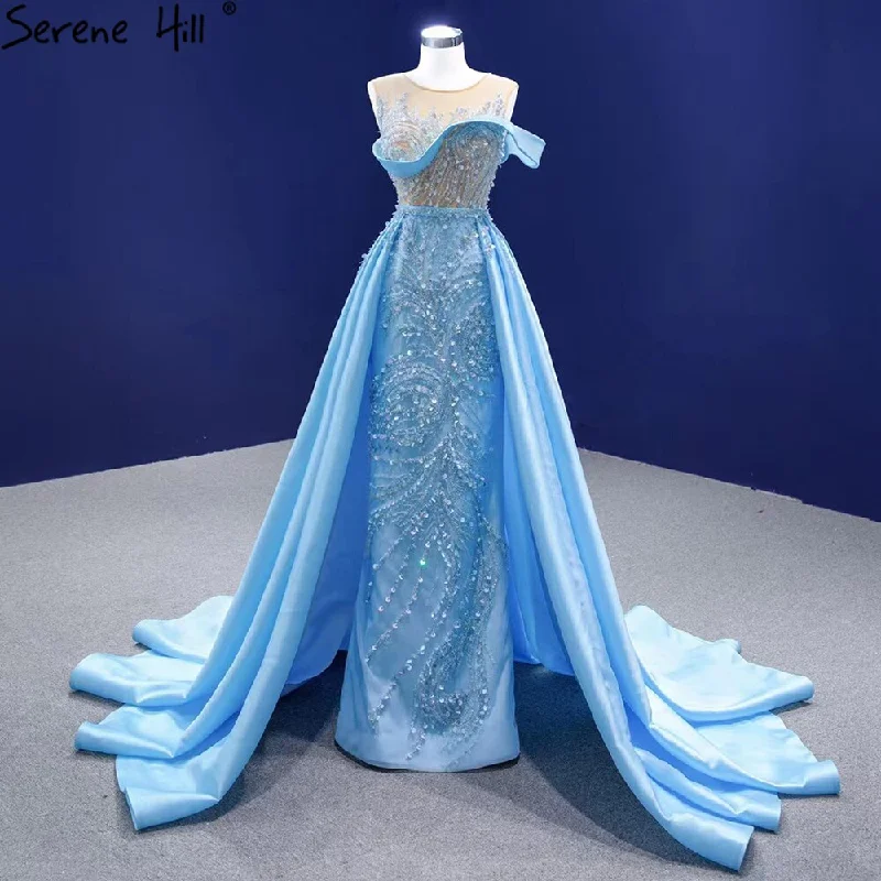 Quick Sale Serene Hill Blue Mermaid Overskirt Evening Dresses Gowns 2024 Beaded Elegant Luxury Satin For Women Party HM67366