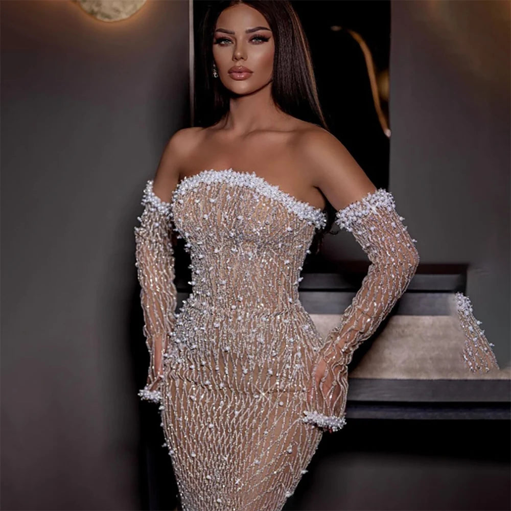 Seasonal Clearance Serene Hill 2024 Elegant White Nude Arabic Strapless Evening Gown Beaded Dress with Gloves for Formal Occasion LA72649