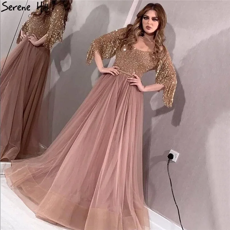 Today Only Rose Gold O-Neck Sequined Evening Dresses 2024 A-Line Latest Design Sexy Sparkle Formal Dress Serene Hill LA60976