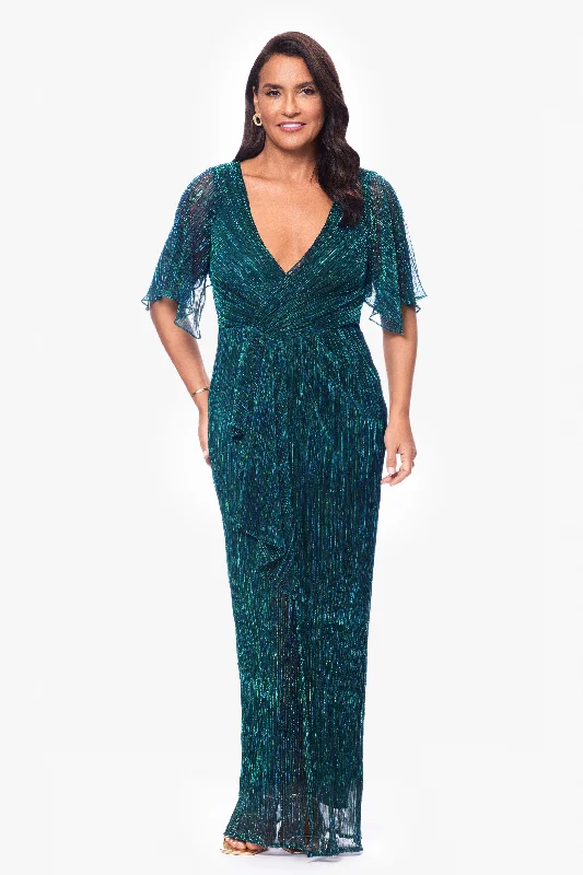 One-DAY Sale "Sonny" Long Metallic Knit V-Neck Ruffle Dress