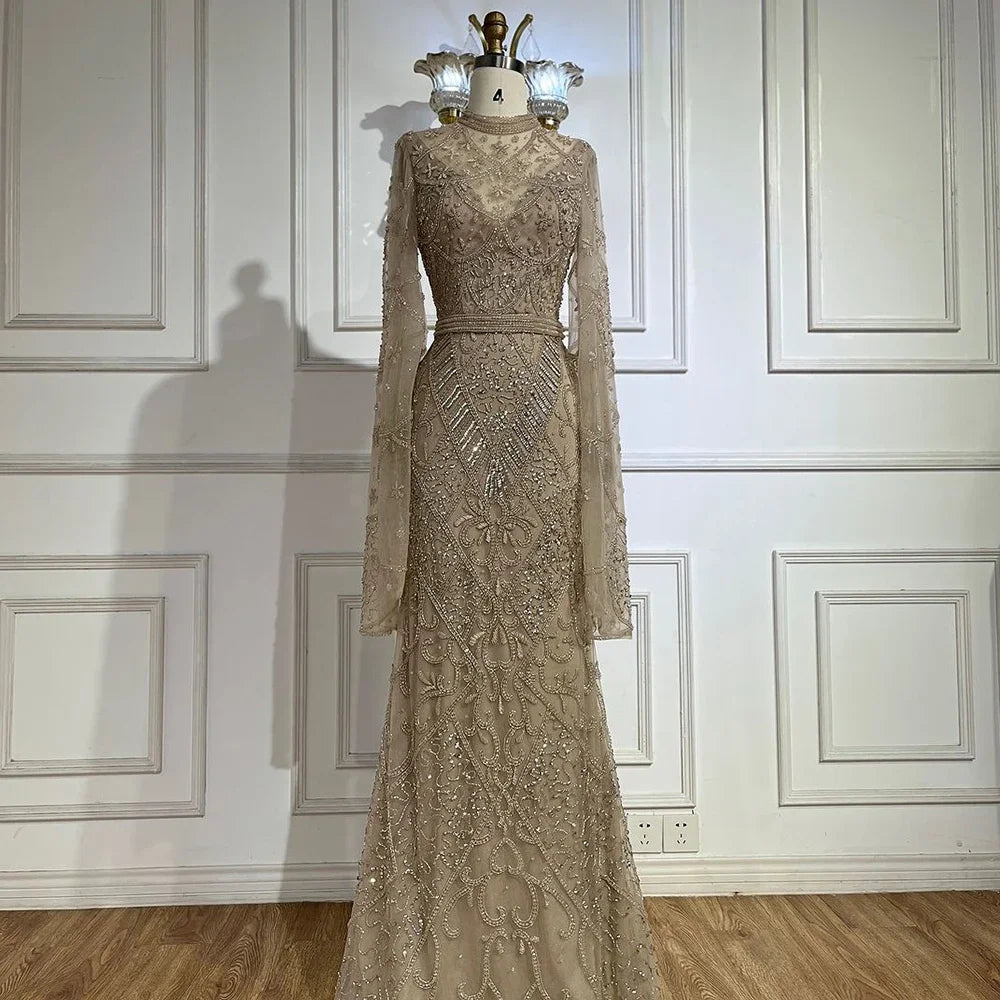 Loyalty Reward Serene Hill 2024 Muslim Nude Mermaid Elegant Bell Sleeve Beaded Luxury Dubai Long Evening Dress for Formal Occasion LA72316A