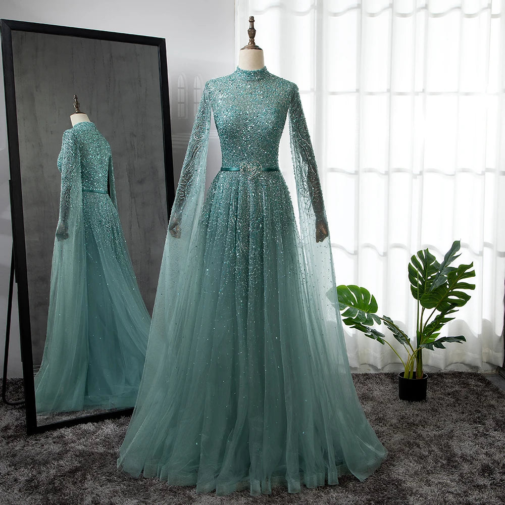 Today’s Deal Serene Hill Gold A-Line Cape Sleeves High Neck Luxury Beaded Evening Dresses Gowns 2024 For Woman Party Plus Size LA70066B