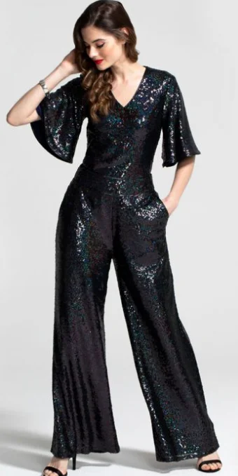 Hurry In Petrol Sequin Batwing Jumpsuit