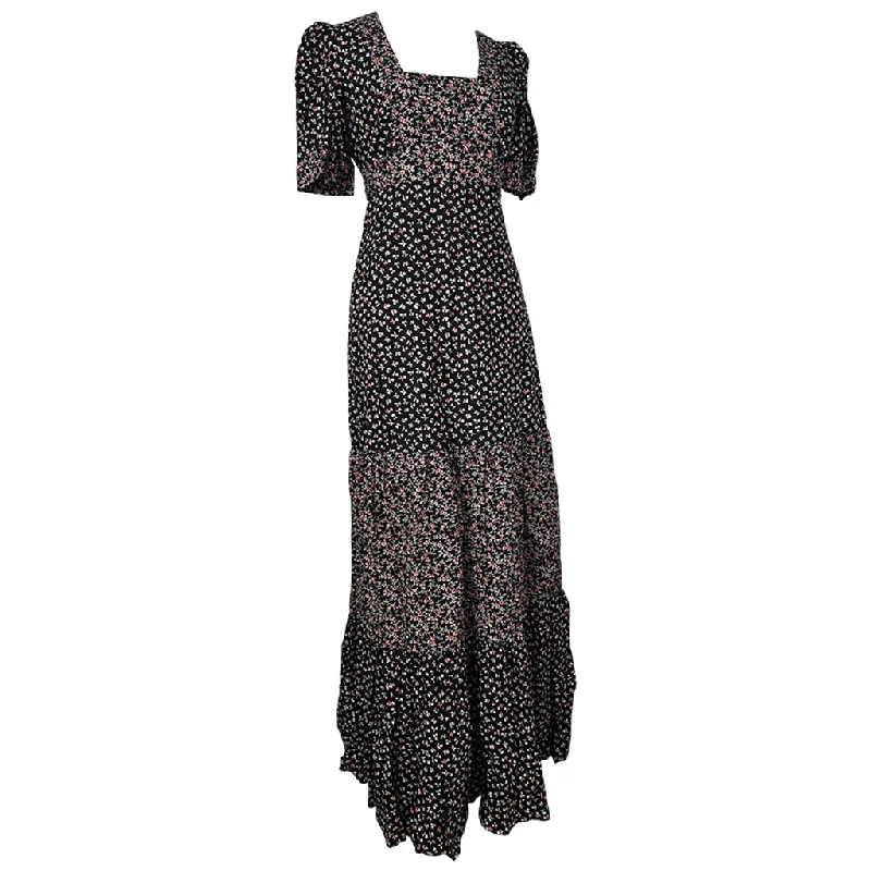 Stock Clearance Red and black floral cotton puff sleeved late 1960s empireline maxi dress