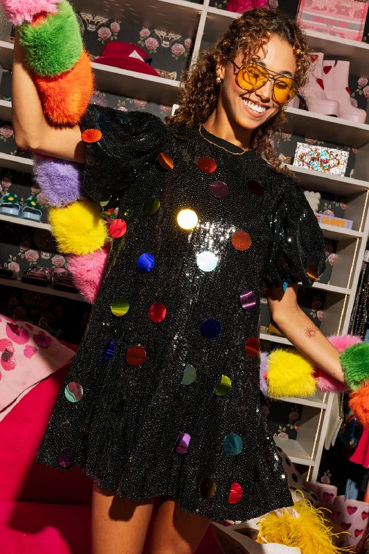 Savings Alert Black Sequin Poof Sleeve Rainbow Paillette Dress