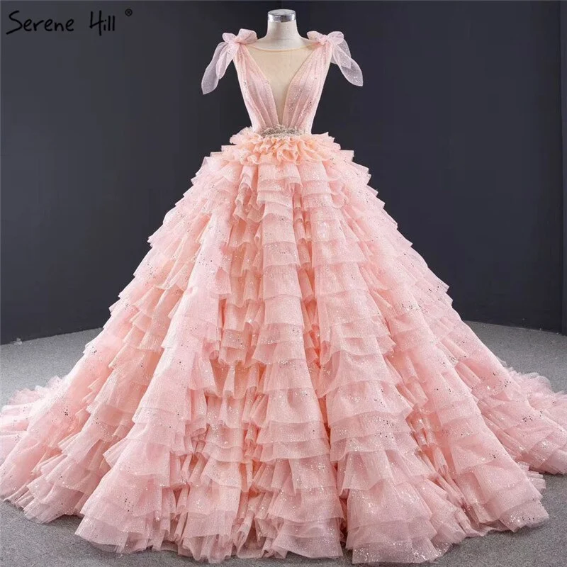 Stock Clearance Pink Sleeveless Bow Tiered Sexy Wedding Dresses 2024 Sequined Sparkle Lace Up Bridal Gowns HM67033 Custom Made