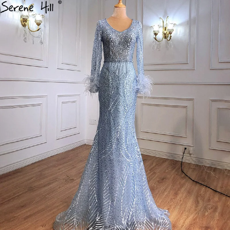 Price Drop Serene Hill Blue Mermaid Luxury Evening Dresses Gowns Feather Beading Luxury Elegant For Women Party  Plus Size 2024 LA70968