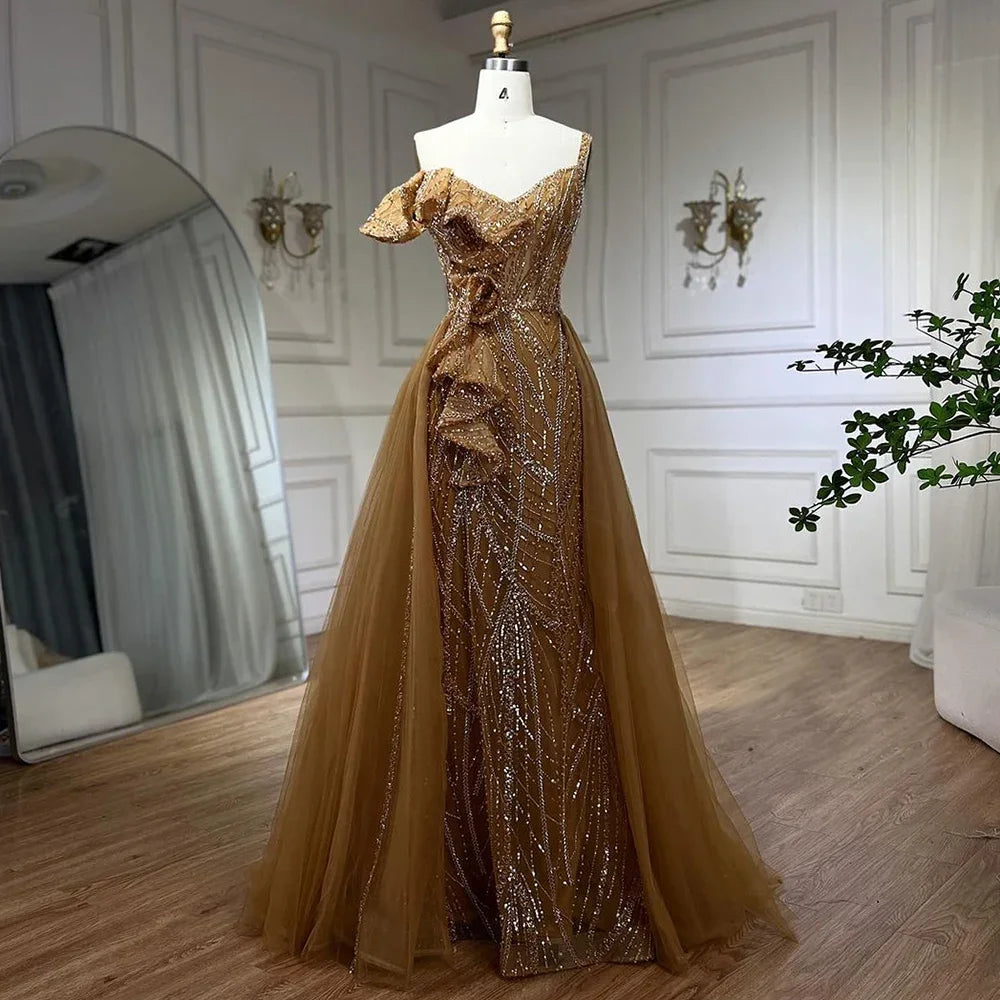 Crazy Deals Serene Hill Golden Mermaid Evening Dress With Skirt - Women's Luxury Grey Beaded Spaghetti Strap Party Dress 2024 LA72341