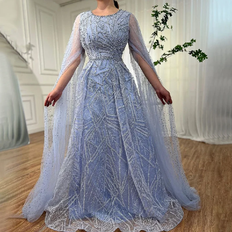 One-DAY Sale Serene Hill Muslim Blue A Line Cape Sleeves Beaded Luxury Dubai Long Evening Dresses Gowns 2024 For Women Wedding Party LA72153 One-DAY Sale Serene Hill Muslim Blue A Line Cape Sleeves Beaded Luxury Dubai Long Evening Dresses Gowns 2024 For Women Wedding Party LA72153