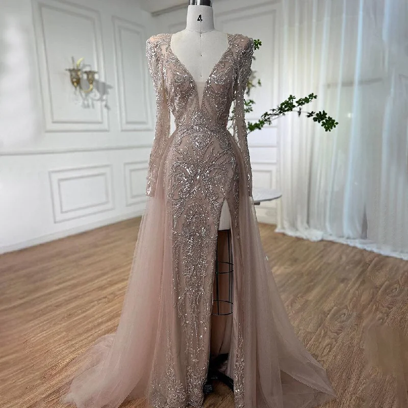 Extra Savings Serene Hill Muslim Nude Elegant Merma V-Neck Beaded Luxury Evening Dresses Gowns 2024 For Women Wedding Party LA72141