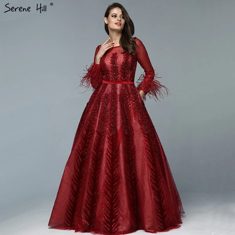 Markdowns Luxury Wine Red  Dubai Design Evening Dresses Long Sleeves Feathers Crystal Formal Dress 2024 Serene Hill LA70013