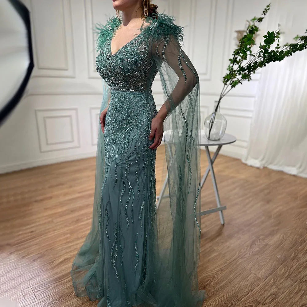 Limited Quantity Serene Hill Arabic Blue Mermaid Elegant Cape Sleeves Feather Luxury Beaded Evening Dresses Gowns 2024 For Woman Party LA71780 Limited Quantity Serene Hill Arabic Blue Mermaid Elegant Cape Sleeves Feather Luxury Beaded Evening Dresses Gowns 2024 For Woman Party LA71780