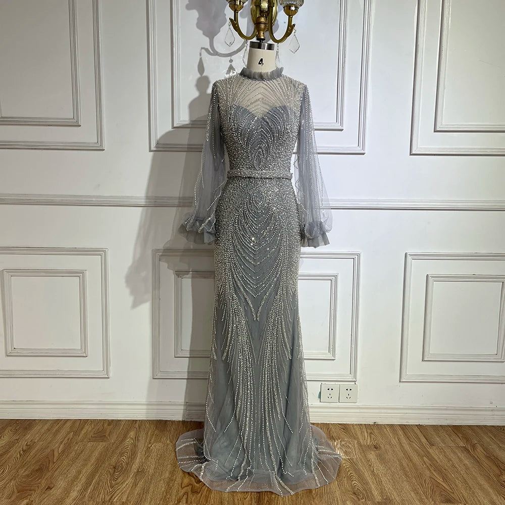 Seasonal Sale Serene Hill 2024 Arabic Gray High Neck Mermaid Evening Gowns with Long Sleeves and Beading for Women Party LA71690A Seasonal Sale Serene Hill 2024 Arabic Gray High Neck Mermaid Evening Gowns with Long Sleeves and Beading for Women Party LA71690A
