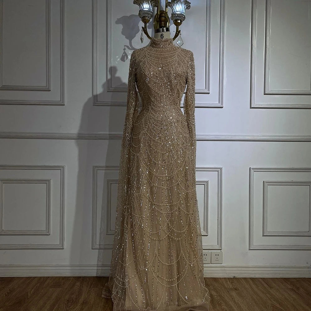 Extra Savings Serene Hill 2024 Muslim Nude Mermaid Cape Sleeves Luxury Dubai Evening Gown Pearls Beaded Dress for Women's Party LA72591 Plush Size