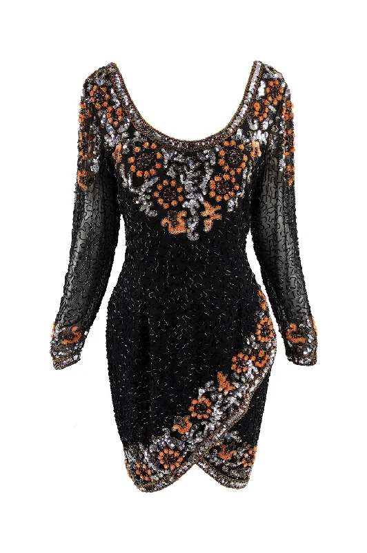 Overstock Oleg Cassini Vintage Black & Orange Beaded Sequin Dress, 1980s