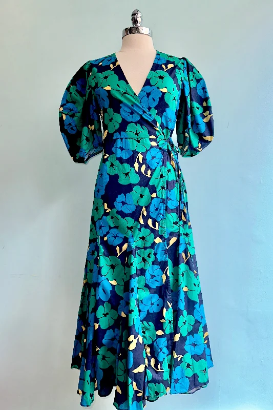 Savings Galore Emerald and Navy Balloon Sleeve Wrap Dress