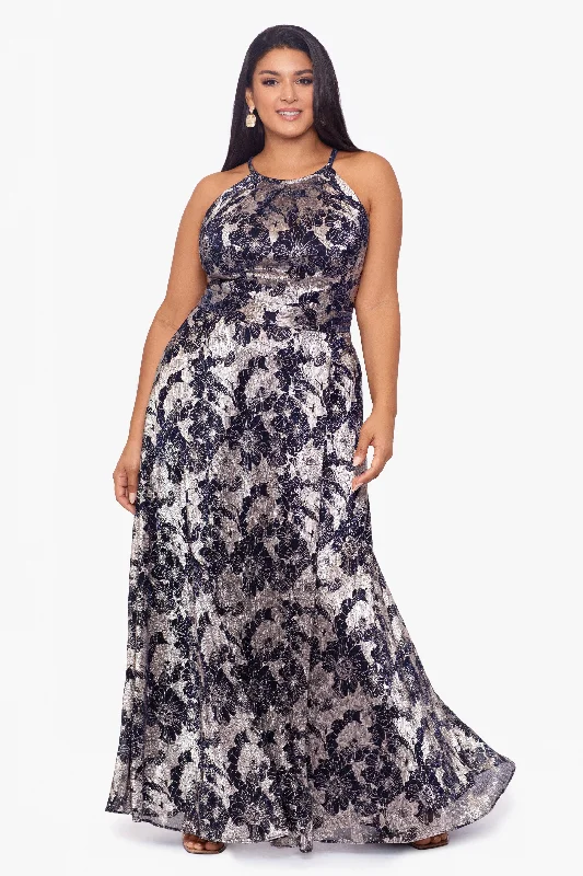 Extra Savings Plus "Layla" Long Halter Top Wrap Foil Print Dress