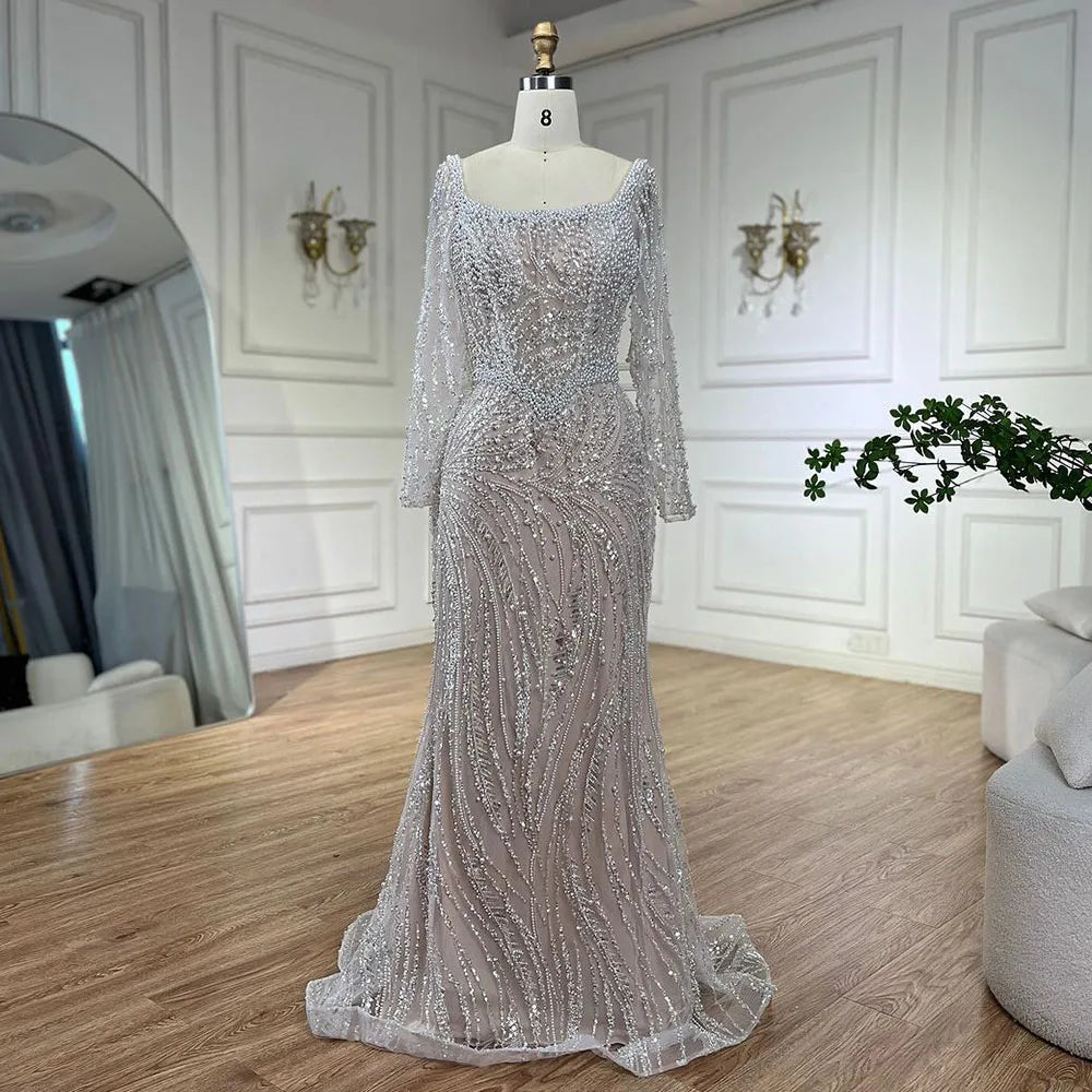 Hurry In Serene Hill Muslim White Nude Elegant Mermaid Luxury Dubai Evening Dresses Gowns Pearls Beaded For Women Wedding Party LA72266A