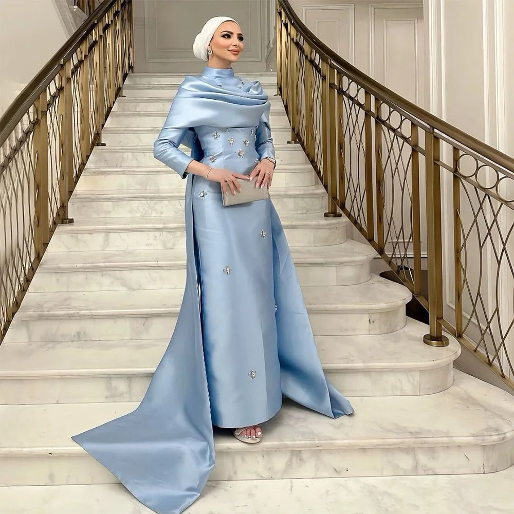Closeout Serene Hill 2024 Muslim Blue Mermaid Beaded Satin Luxury Saudi Evening Dress Gown Overlay Skirt for Formal Occasion LA72414M Closeout Serene Hill 2024 Muslim Blue Mermaid Beaded Satin Luxury Saudi Evening Dress Gown Overlay Skirt for Formal Occasion LA72414M