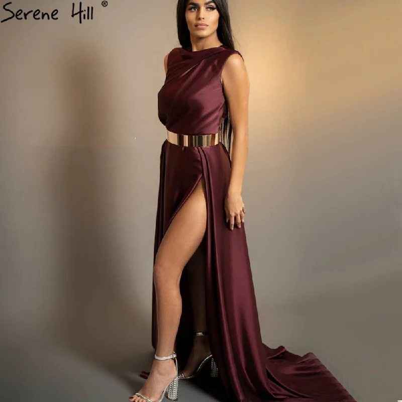 Act Now Serene Hill Wine Red High Split Evening Dresses Gowns 2024 Sashes Simple Satin A-Line For Women Party LA71137 Act Now Serene Hill Wine Red High Split Evening Dresses Gowns 2024 Sashes Simple Satin A-Line For Women Party LA71137