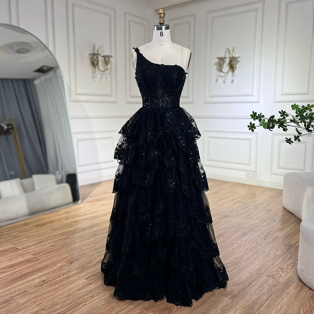 Instant Discount Serene Hill 2024 Arabic Black Elegant One-Shoulder Tiered A-Line Lace Luxury Prom Dress for Women's Party LA72632