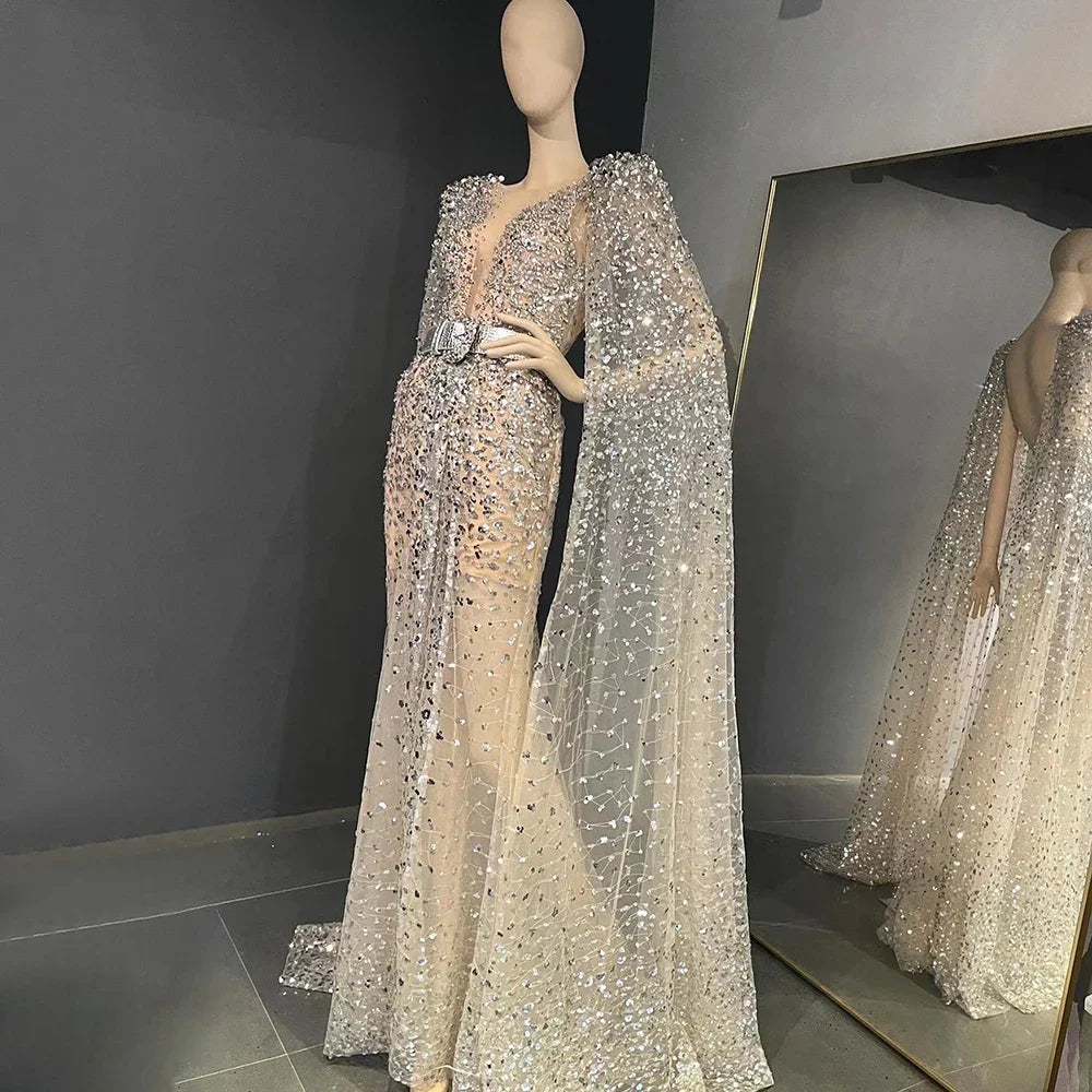 Midnight Madness Serene Hill Nude Mermaid Evening Gown with Luxury Cape Sleeves Beaded Elegance and Backless for Women's Party 2024 LA71561
