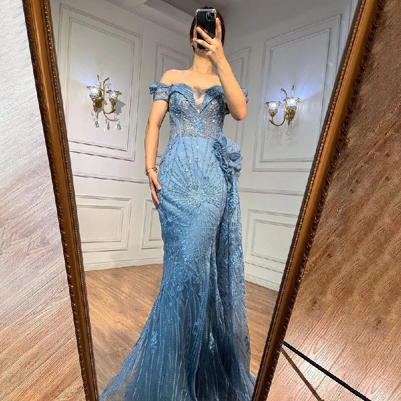 Hurry In Serene Hill Blue Mermaid Lace Beaded Formal Occasion Evening Dresses With Overskirt Or Woman Wedding Party Gowns LA72042 Hurry In Serene Hill Blue Mermaid Lace Beaded Formal Occasion Evening Dresses With Overskirt Or Woman Wedding Party Gowns LA72042