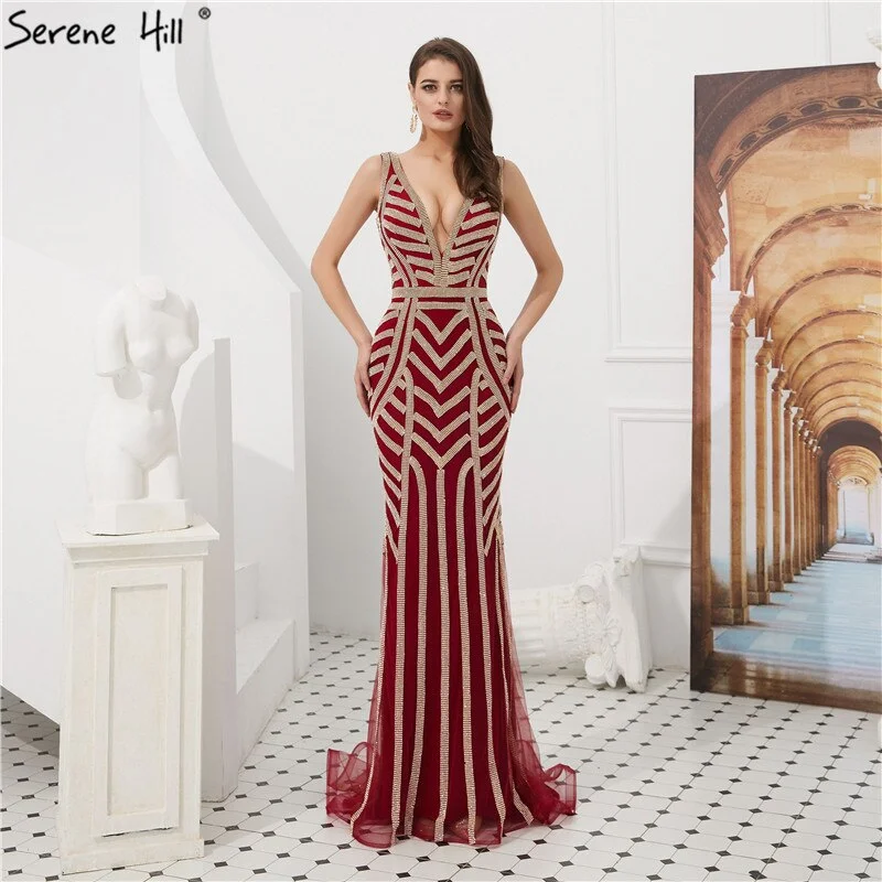 Big Discounts On Sale No Return No Refund Sale Serene Hill Wine Red Full Diamond Evening Dresses Gowns 2024 Luxury Mermaid Sexy Elegant For Women Party LA6212