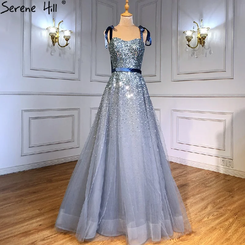 Savings Galore Serene Hill Grey Blue A-Line Luxury Evening Dresses Gowns 2024 Spaghetti Strap Beading Sexy For Women Party LA70888