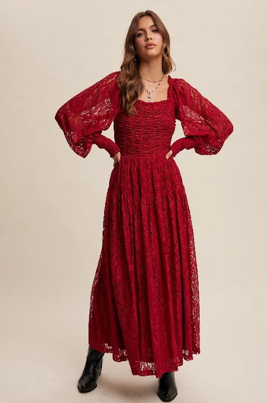 Today’s Special Oxblood Lace Square Neck Smocked Maxi Dress